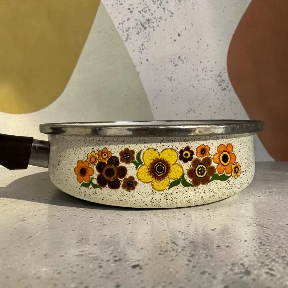 Vintage 1970s Speckled Enamelware Skillet Pan Orange Yellow Brown Floral